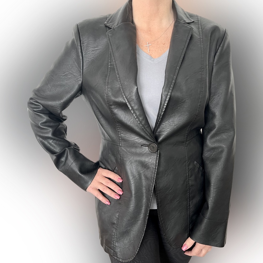 Max Studio Faux Leather Blazer, Size L, Black, Notch Collar,Welt Pockets